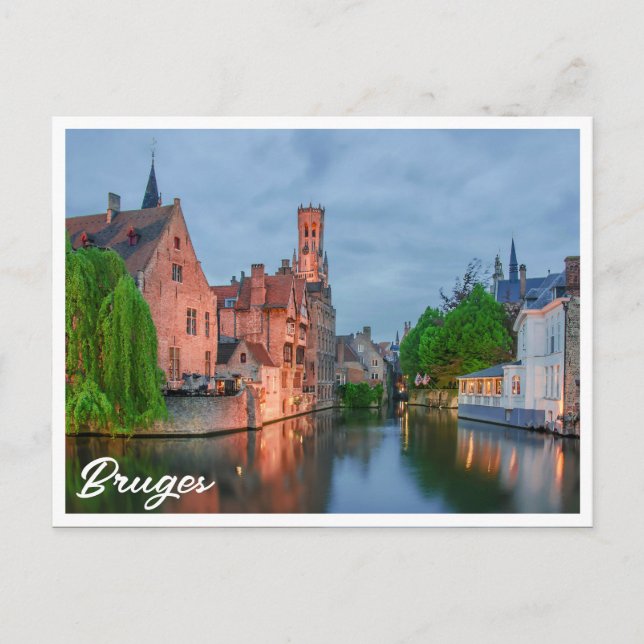 Old town and Belfry tower at night in Bruges Postcard (Front)
