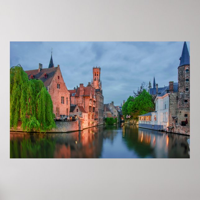 Old town and Belfry tower at night in Bruges Poster (Front)