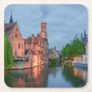 Old town and Belfry tower at night in Bruges Square Paper Coaster