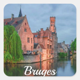 Old town and Belfry tower at night in Bruges Square Sticker