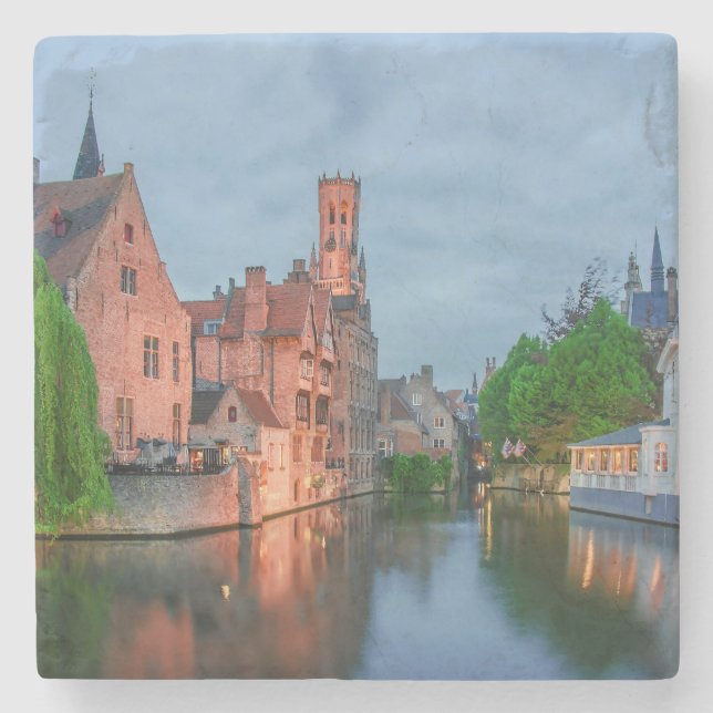 Old town and Belfry tower at night in Bruges Stone Coaster (Front)