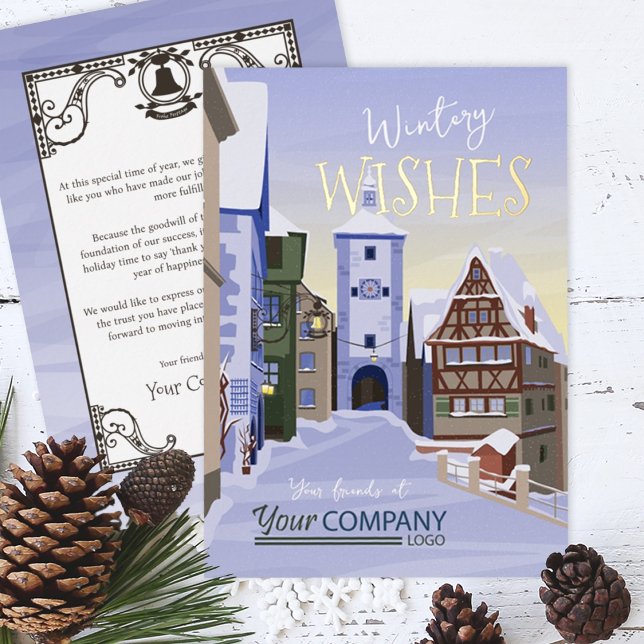 Old Town, Bavaria Blue, Gold Company Christmas (Nostalgic Light Blue Winter Snow Company Holiday Greeting Cards Rothenburg, German)