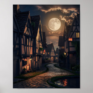 Old Town Night Full Moon Poster