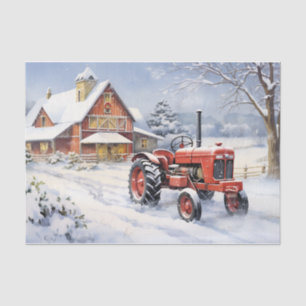 Old Tractor and Barn Snowy Winter Farm Christmas Tissue Paper