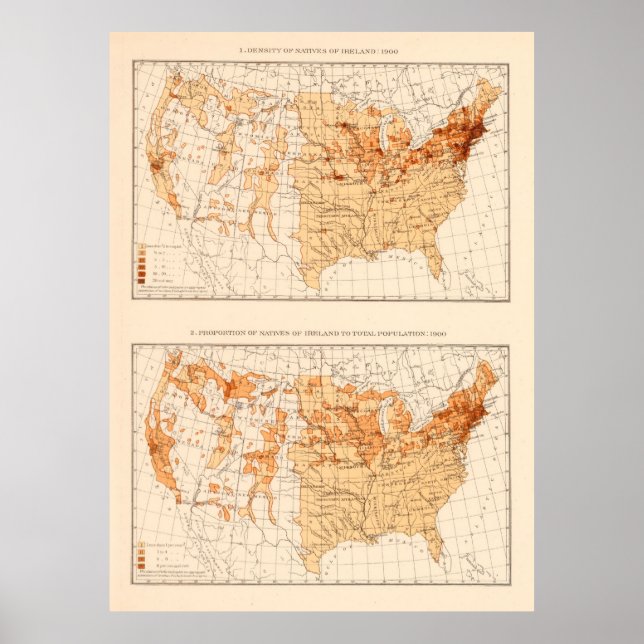 Old US Irish Population Map (1900)  Poster (Front)