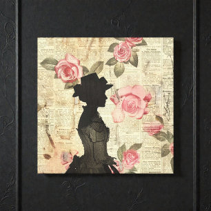 Old Victorian Silouette with Pink Roses Canvas Print