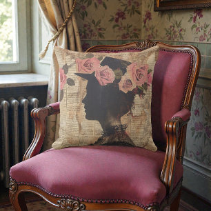 Old Victorian Silouette with Pink Roses Cushion