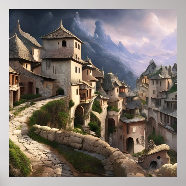 Old Village in the mountains stone path beautiful Poster (Front)