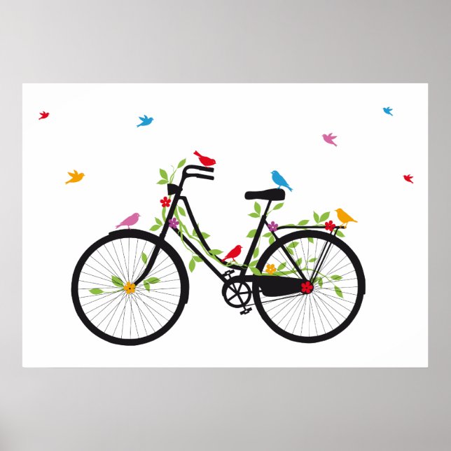 Old vintage bicycle with flowers and birds poster (Front)