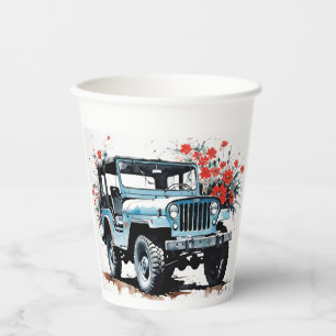 Old Vintage Blue 4x4 Off Road Truck With Flowers Paper Cups