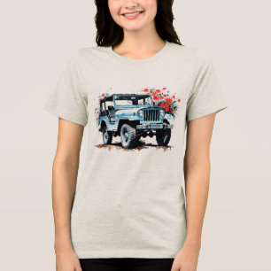 Old Vintage Blue 4x4 Off Road Truck With Flowers Tri-Blend Shirt