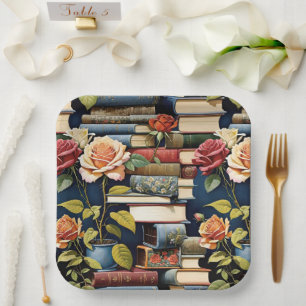 Old Vintage Books And Roses Paper Plate