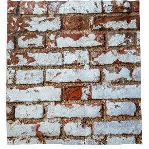 Old vintage brick wall with sprinkled white plaste shower curtain