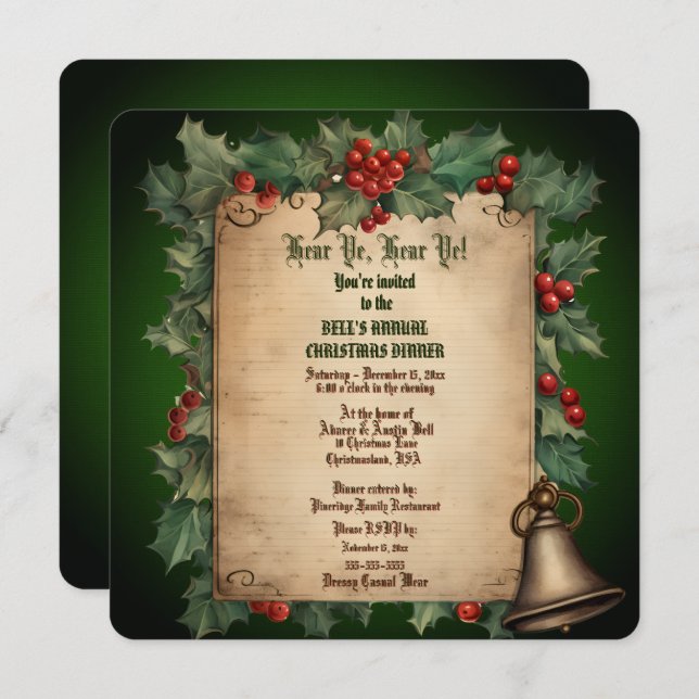 Old Vintage Holly  Christmas Dinner Invitation (Front/Back)