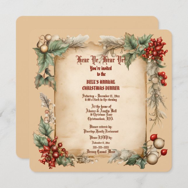 Old Vintage Holly  Christmas Dinner Invitation (Front/Back)
