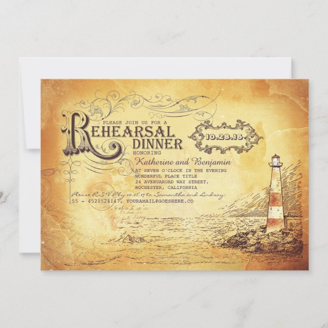 Old vintage lighthouse nautical rehearsal dinner invitation (Front)