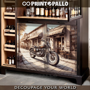 Old vintage motorcycle parked near a Cafe' Tissue Paper