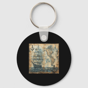 Old Vintage Nautical Map Pirate Ship Sailboat Sea Key Ring