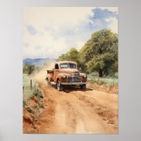 Old vintage pick up truck watercolor poster