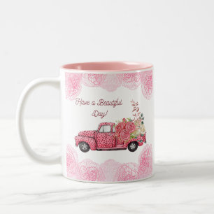 Old Vintage Pink Pickup Truck with Flowers Two-Tone Coffee Mug