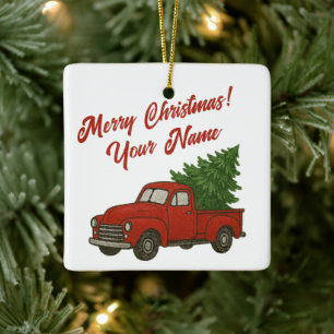 Old vintage red pickup truck with Christmas tree Ceramic Ornament
