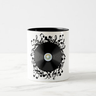 Old Vinyl Record and musical notes Two-Tone Coffee Mug