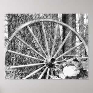 Old Wagon Wheel Black Pencil Art Poster