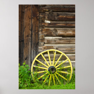 Old wagon wheel in historic old gold town poster
