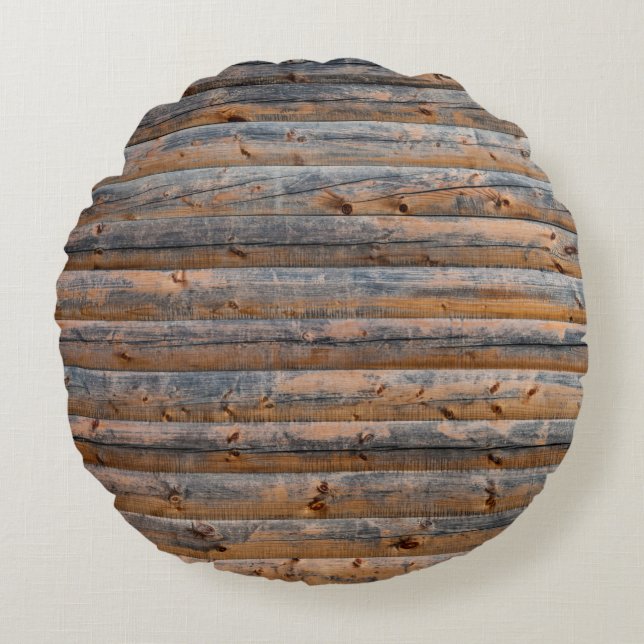 Old wall of wooden planks with cracks. Beam made o Round Cushion (Front)