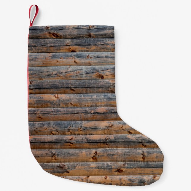 Old wall of wooden planks with cracks. Beam made o Small Christmas Stocking (Front)
