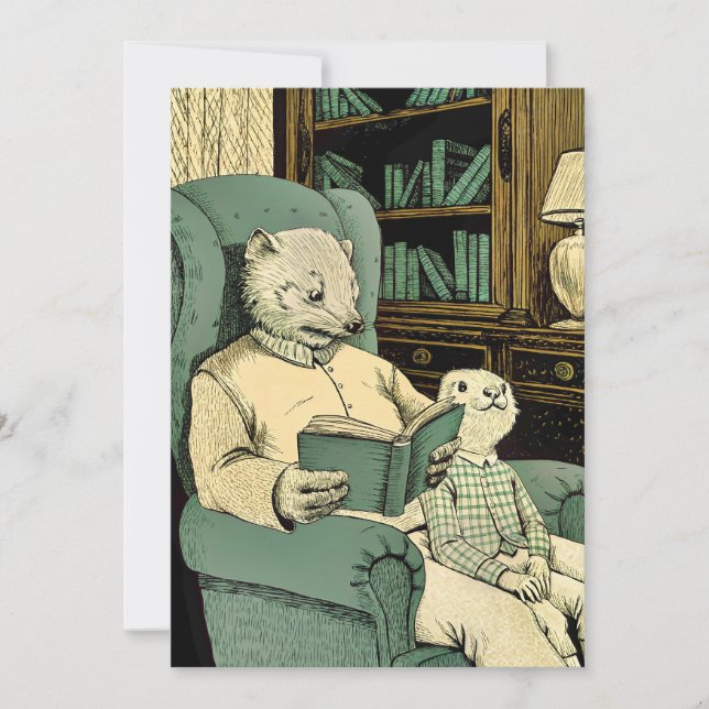 Old weasel reading a book to a young weasel invitation (Front)