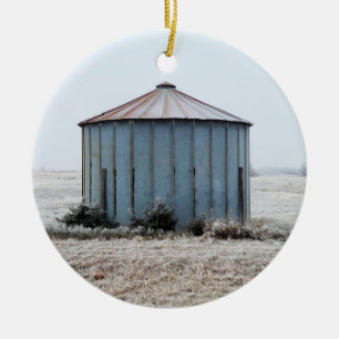 Old Weathered Grain Bin During Winter Time Ceramic Tree Decoration
