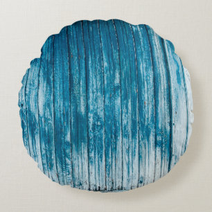 Old weathered grunge wooden faded pale blue paint round cushion