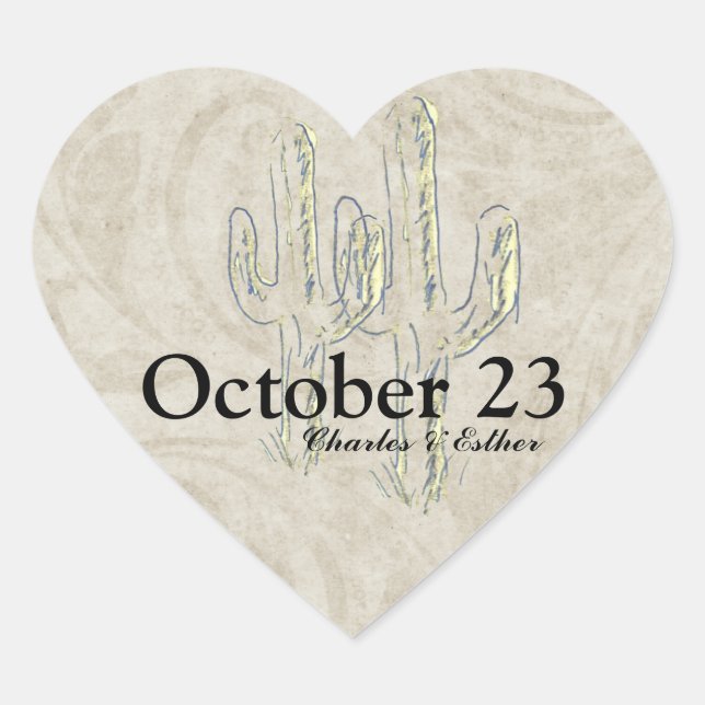 Old West Cactus Save the Date Heart Sticker (Front)
