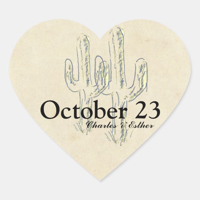 Old West Cactus Save the Date Heart Sticker (Front)