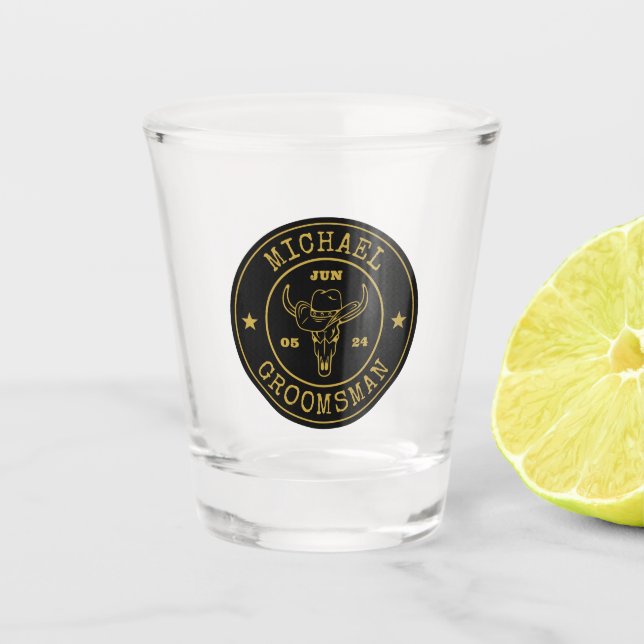 Old West Cowboy Rustic Logo Personalised Groomsmen Shot Glass (Front)
