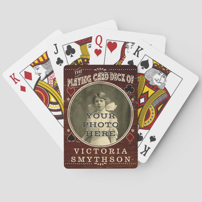 Old West Custom Photo Personalised Brown Wood Playing Cards (Back)