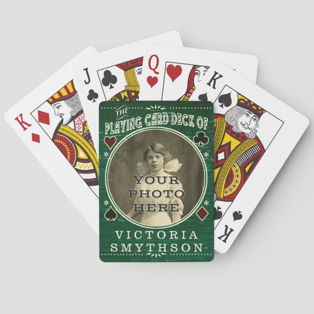Old West Custom Photo Personalised Green Wood Playing Cards (Back)