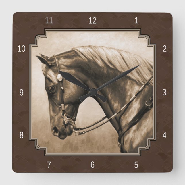 Old West Quarter Horse Sepia Brown Square Wall Clock (Front)