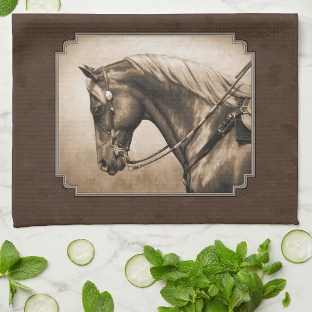 Old West Quarter Horse Sepia Brown Tea Towel (Folded)