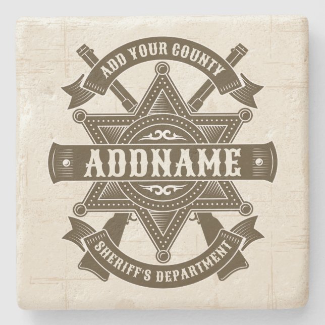 Old West Sheriff Deputy Rifles Badge Personalised Stone Coaster (Front)