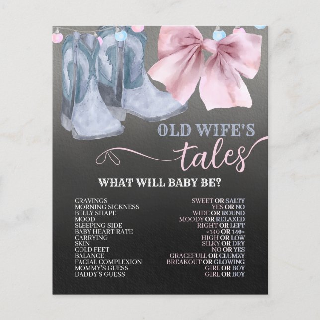 Old wife's tales Game for cowboy gender reveal. (Front)