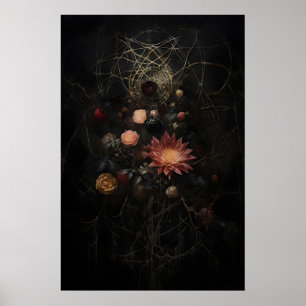Old wilted flowers in cobweb print, moody flower poster