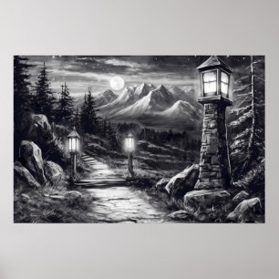 Old winding path through the woods in lamplight poster