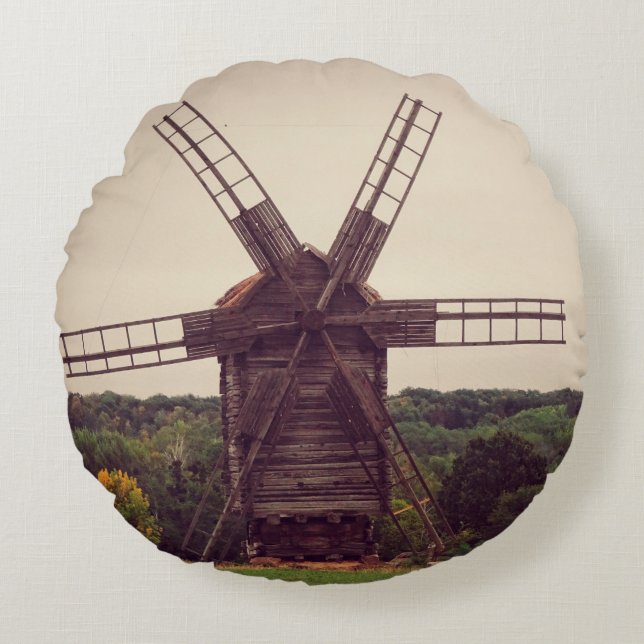 Old windmill. Autumn landscape. Ukrainearchitectur Round Cushion (Front)