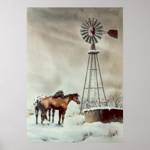 OLD WINDMILL & HORSES by SHARON SHARPE Poster
