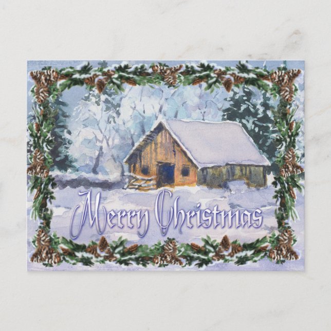 OLD WINTER BARN MERRY CHRISTMAS by SHARON SHARPE Holiday Postcard (Front)