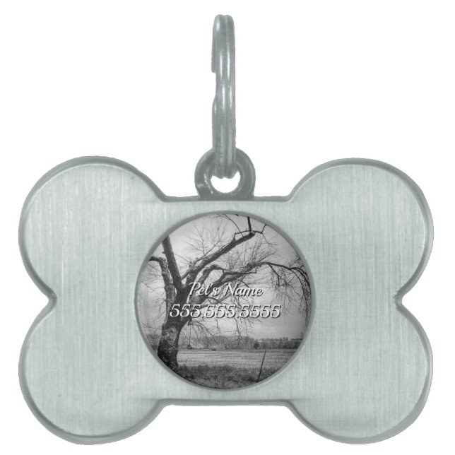 Old Winter Tree Grayscale Pet ID Tag (Front)