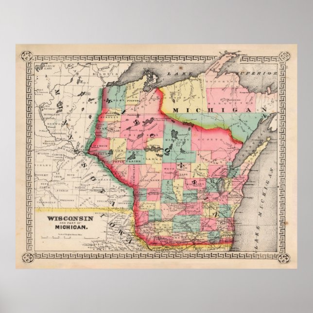 Old Wisconsin Map (1865) Vintage Badger State Poster (Front)