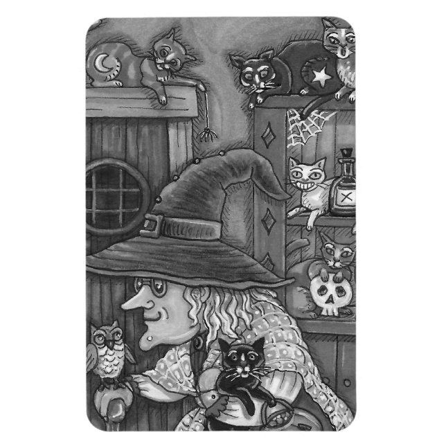 OLD WITCH HAPPY HOME, CATS & OWL BLK/WHT HALLOWEEN MAGNET (Vertical)